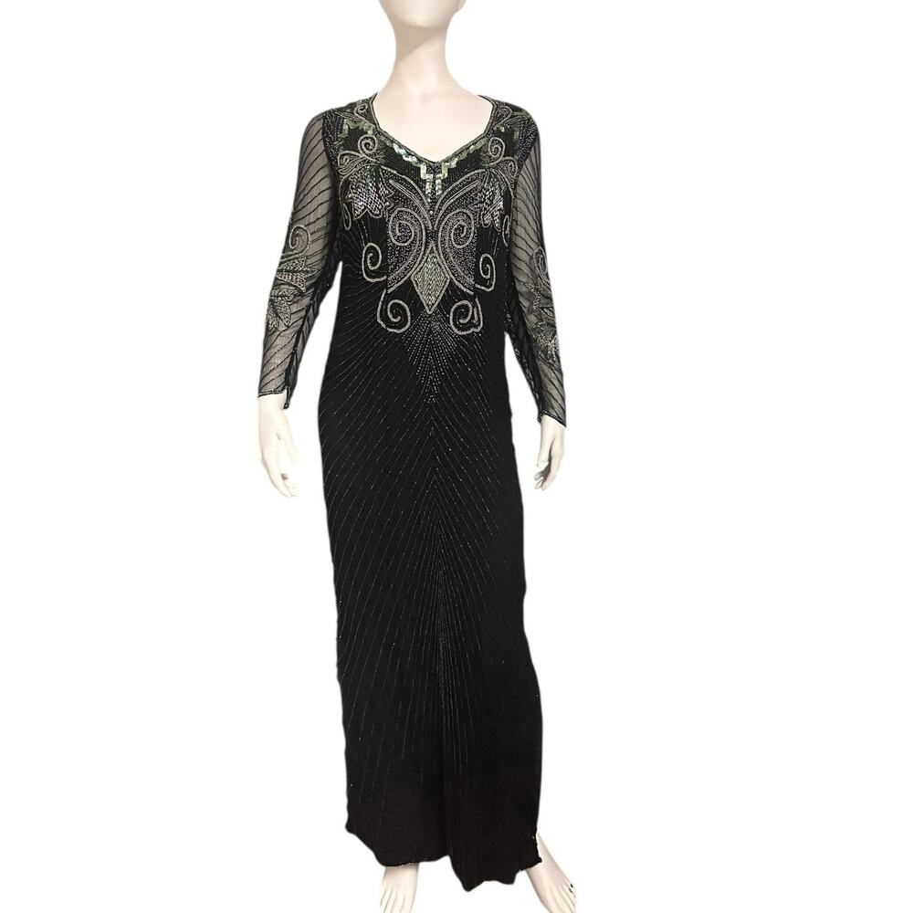 Vintage 80s Silk Beaded Sequin Evening Gown Emerald Green Black Country Glam M